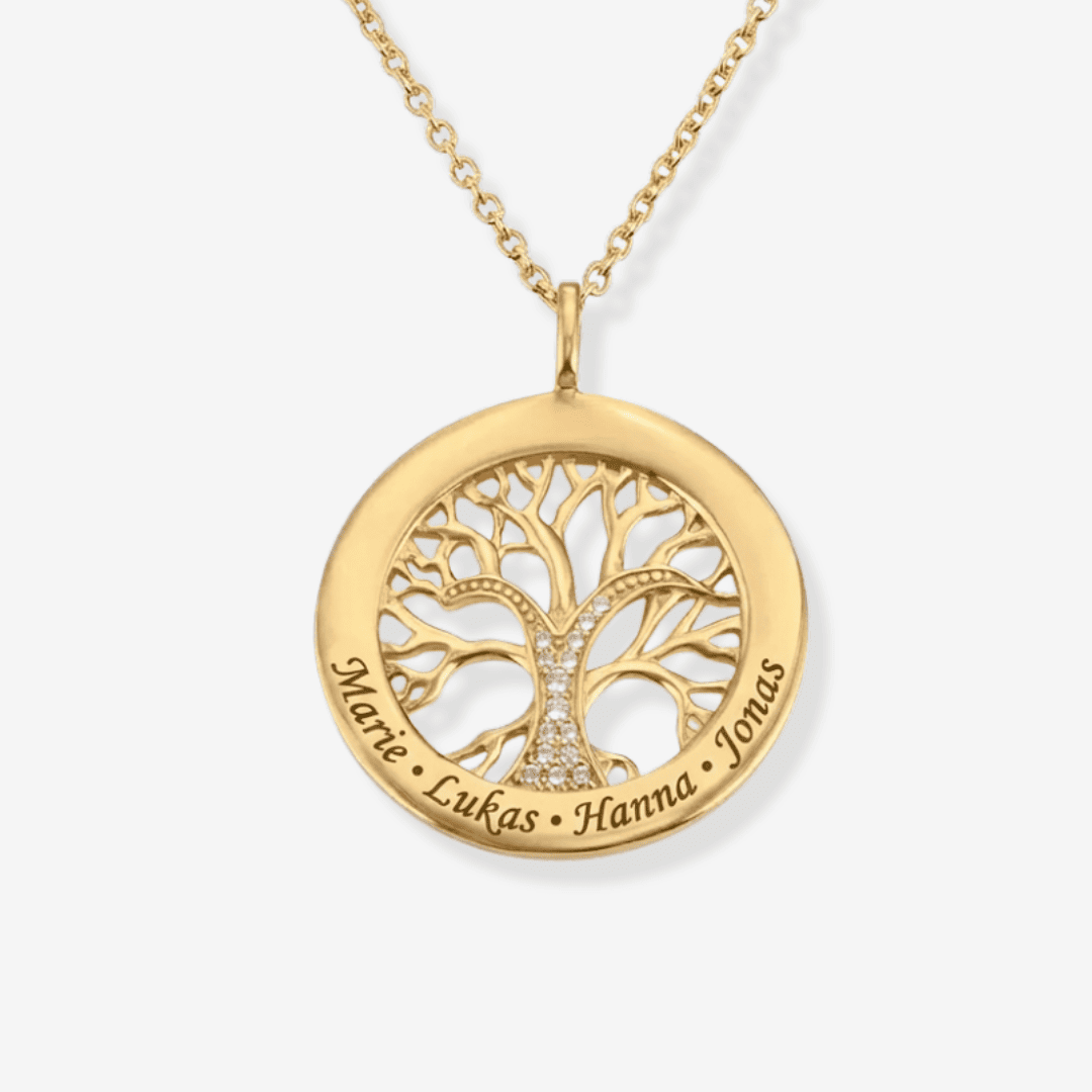 Familienbaum Kette mit gravierten Namen und Zirkonia